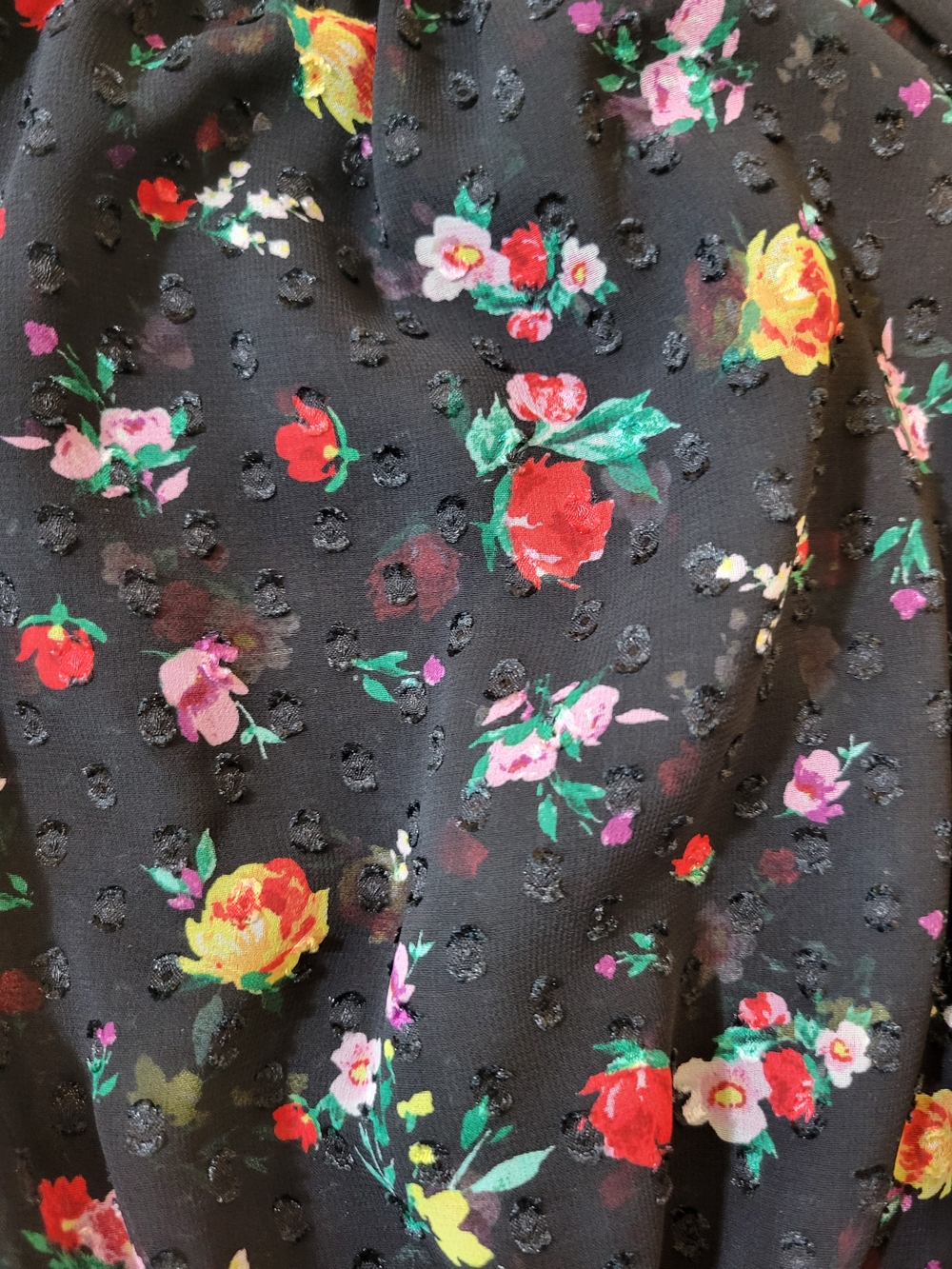 Banana Republic (Women's L) Semi-Sheer Swiss Dot Black Floral Peasant Blouse - Picture 7 of 10